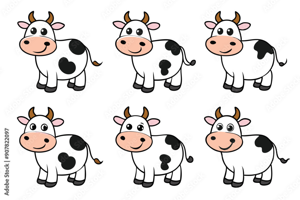 Six Cartoon Cows with Black Spots on a White Background Six Cartoon Cows with Black Spots on a White Background