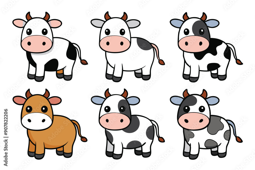 Obraz premium Six Cartoon Cows with Different Colors and Patterns