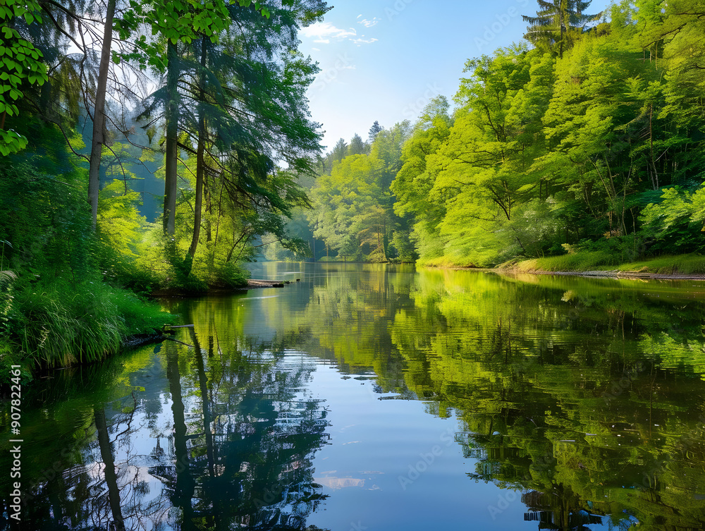 Serene Forest Lake with Lush Greenery - Realistic Image Serene Forest Lake with Lush Greenery - Realistic Image