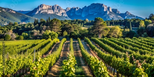 Vineyard rows in Provence-Alpes-Cote-d'Azur with Alpilles mountains in background, vineyard, rows photo