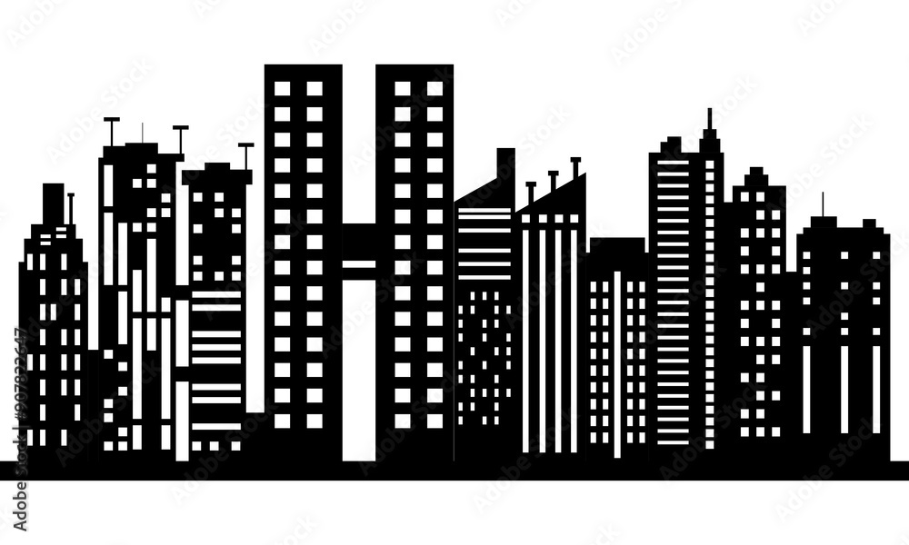 Obraz premium Black and white city silhouette with white background