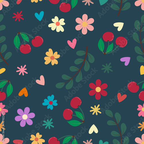 Wallpaper Mural Wildflowers, cherry, hearts, seamless pattern, summer Torontodigital.ca