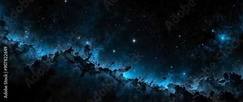 blue formation of celestial space galaxy plain black background wide angle panoramic view backdrop copy space