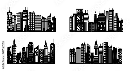 set of City silhouette in flat style. Modern urban landscape. Vector illustration. City skyscrapers building office skyline on white background