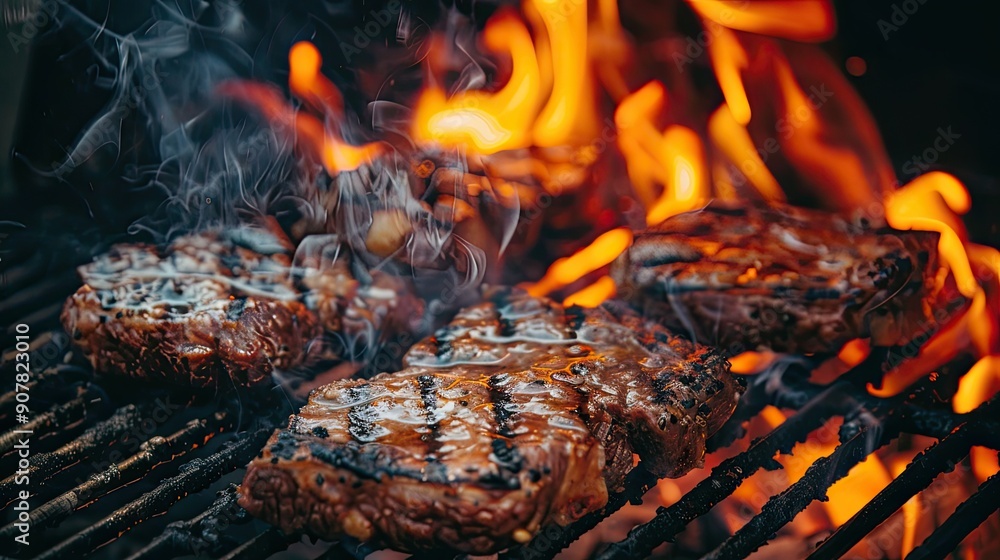 Grilled steak over flames on BBQ. Perfect for menus, food blogs, and recipes related to grilled meat. Grilled steak over flames on BBQ. Perfect for menus, food blogs, and recipes related to grilled meat.