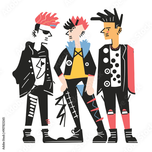 Three male punk rockers dressed iconic punk fashion standing together. Characters feature mohawks, piercings, leather jackets against isolated white background, band members showcasing rebellious