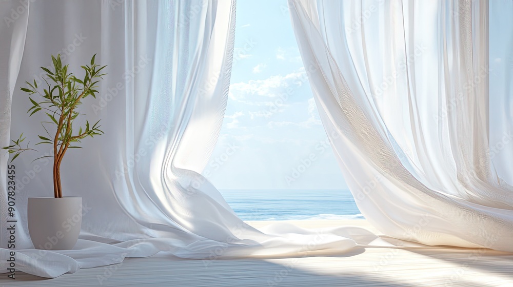 Breezy scene with an open window and flowing white curtains, capturing a sense of freshness and relaxation Breezy scene with an open window and flowing white curtains, capturing a sense of freshness and relaxation