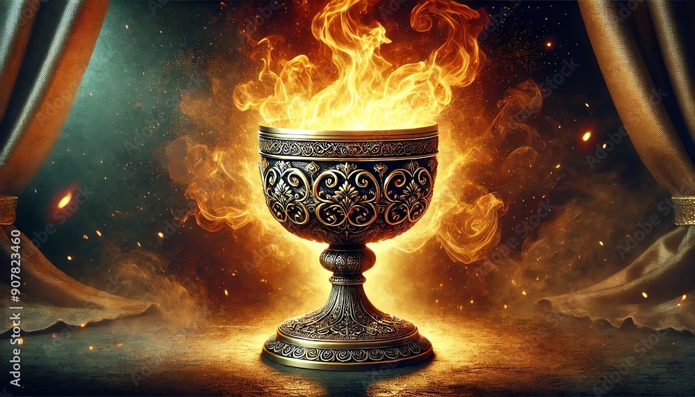 A highly detailed image of an ornate golden chalice engulfed in flames A highly detailed image of an ornate golden chalice engulfed in flames