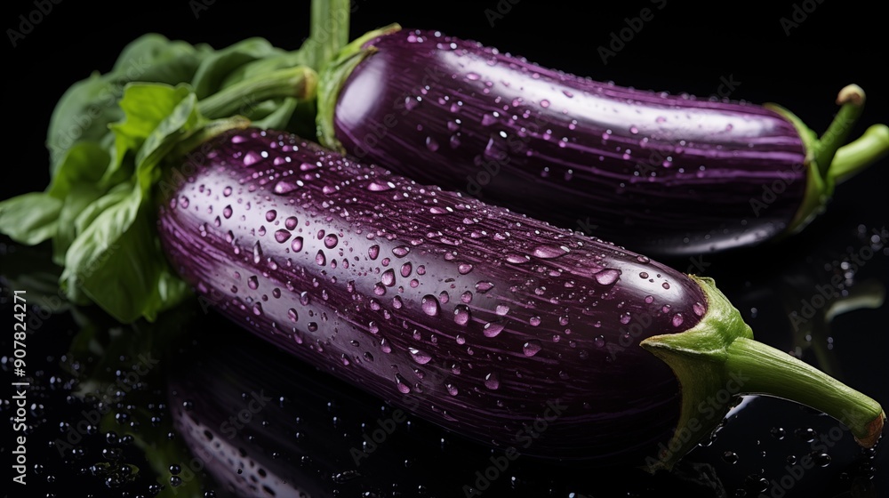 Close up of a fresh eggplant, macro photography, glossy textures, front view from above, studio lighting. Close up of a fresh eggplant, macro photography, glossy textures, front view from above, studio lighting.