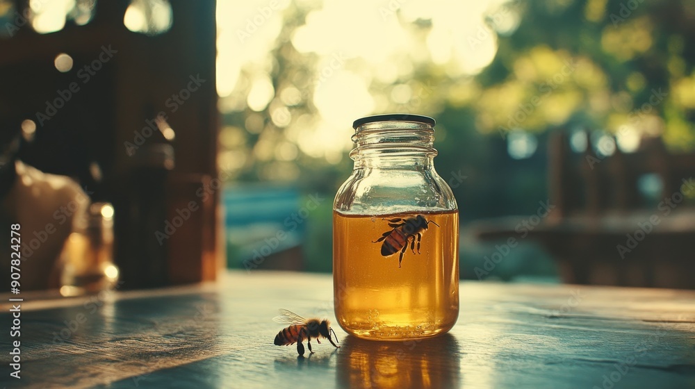Golden Honey Jar with Bee on Rustic Wooden Table. Generative AI Golden Honey Jar with Bee on Rustic Wooden Table. Generative AI