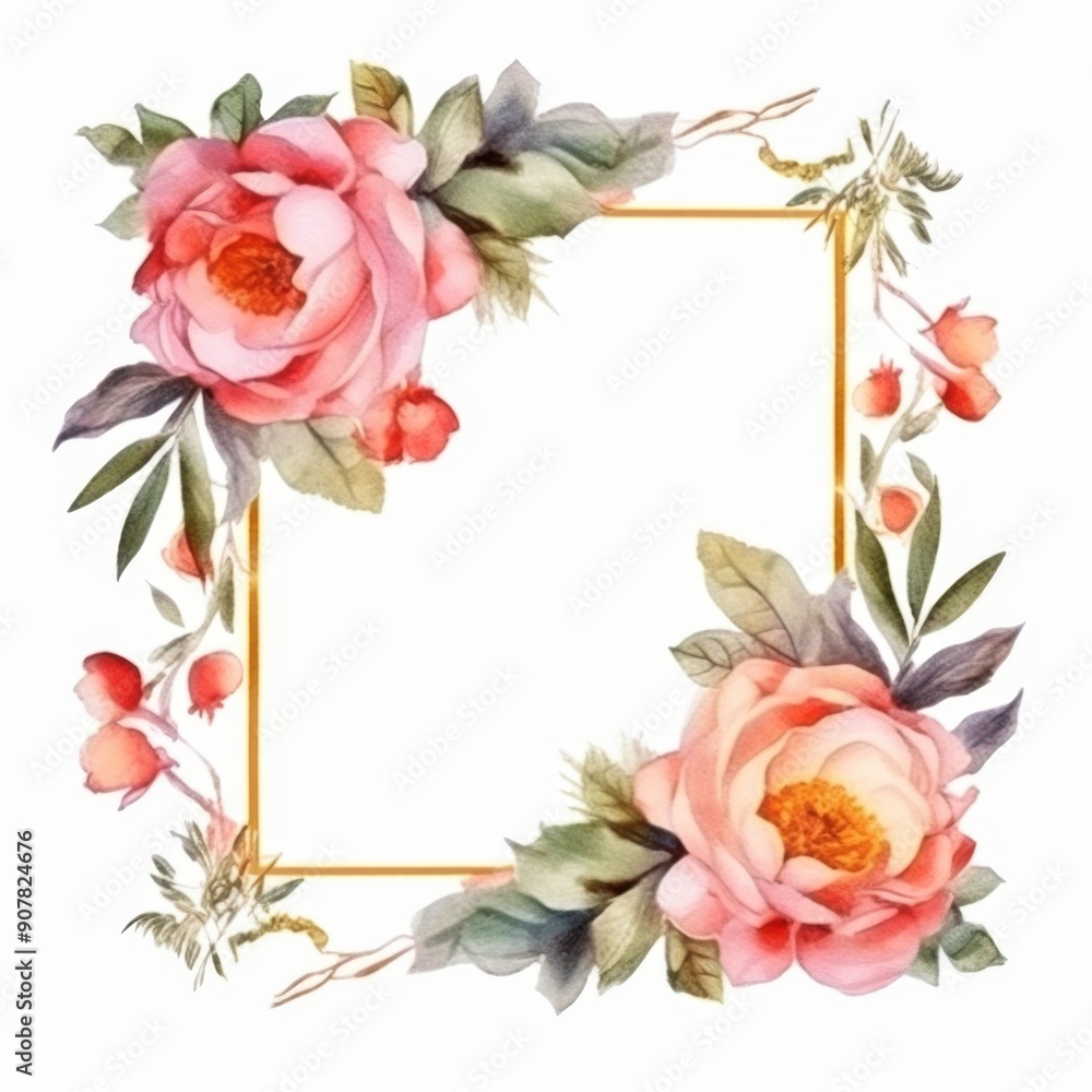 large pink roses, buds, and foliage surround a gold frame with copy space inside. White isolated background. for mothers day cards, invites, banner, invitations for wedding, party, engagement large pink roses, buds, and foliage surround a gold frame with copy space inside. White isolated background. for mothers day cards, invites, banner, invitations for wedding, party, engagement
