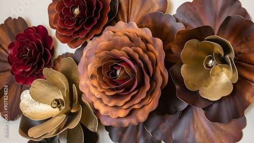 Set of three flower wall workmanship boards with 3d metal roses in natural tones