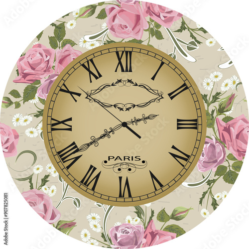 Clock decorated with flowers.Floral decoration on the dial of the clock in vector illustration.