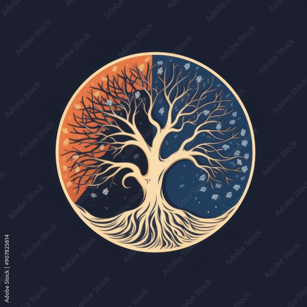 Tree of life, half summer, half winter. Passage of time. Styled as a personal logo.
