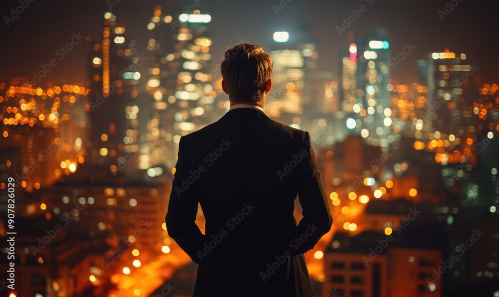 A contemplative businessman in a suit gazes out at the city skyline, reflecting on corporate success and strategy A contemplative businessman in a suit gazes out at the city skyline, reflecting on corporate success and strategy