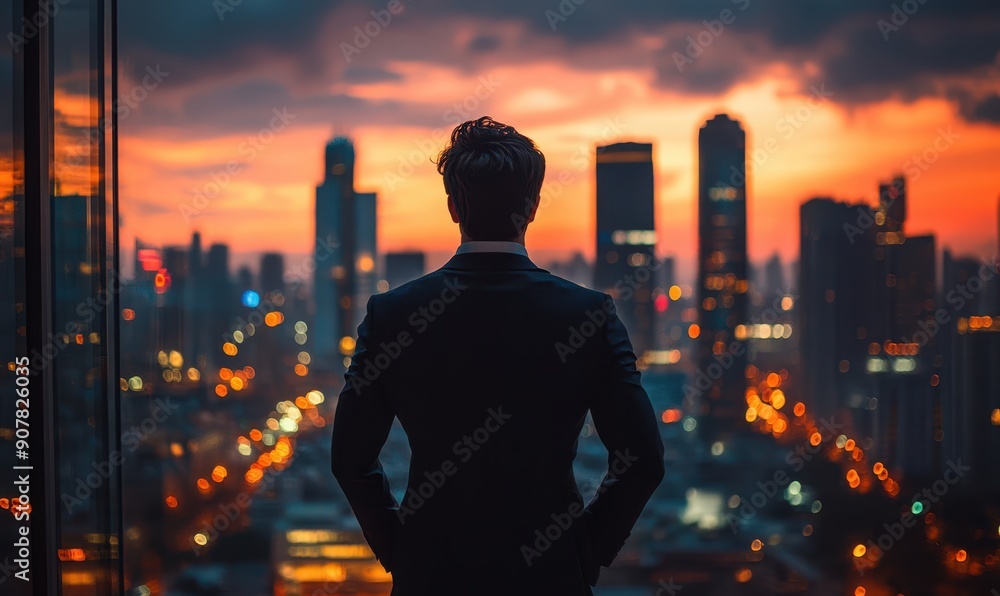 Fototapeta premium A contemplative businessman in a suit gazes out at the city skyline, reflecting on corporate success and strategy