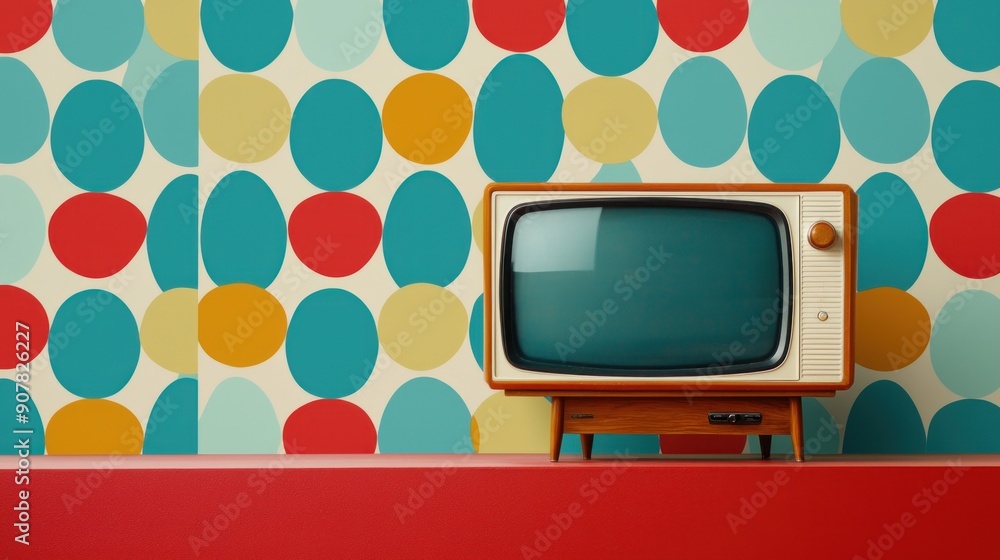 Vintage living room with 1950s decor, classic TV, and patterned ...
