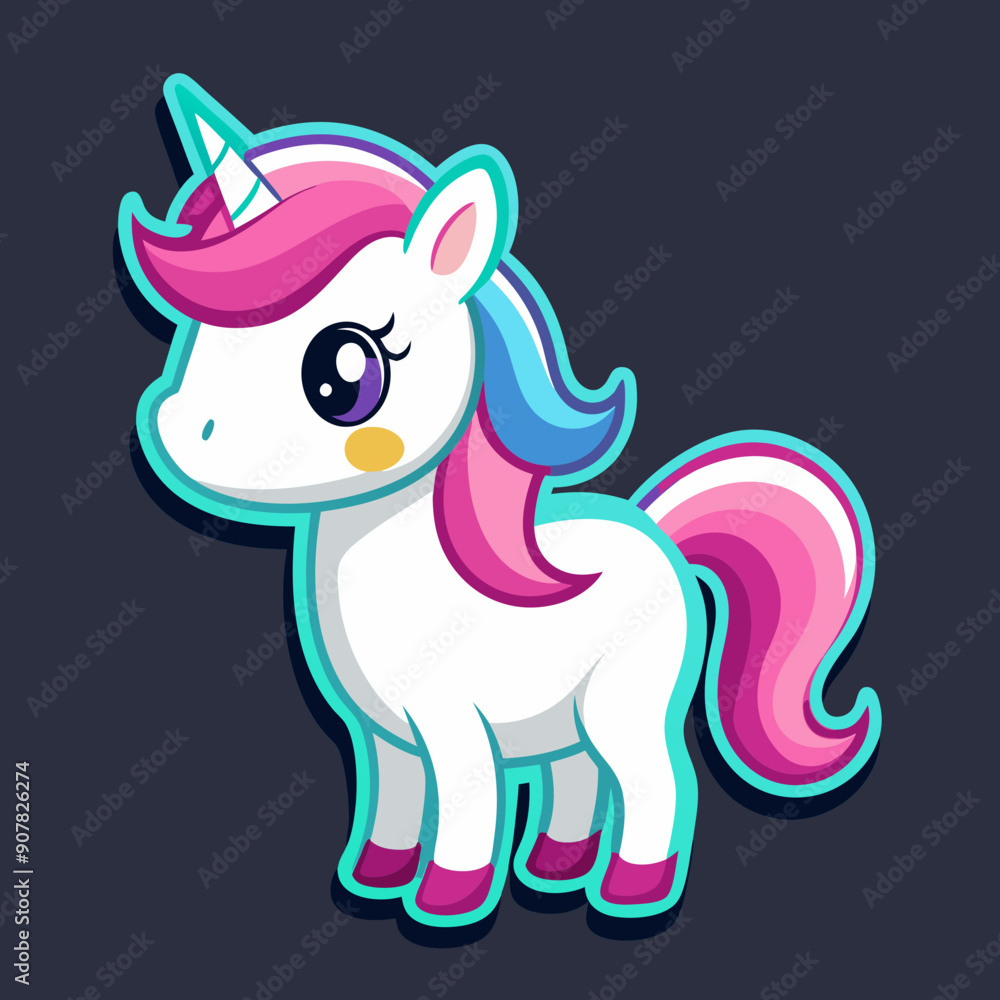 Naklejka premium Cute Unicorn Vector Sticker Design with Flat Colors on Black Background 