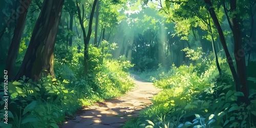 Wallpaper Mural A magical forest path illuminated by enchanting sun rays filtering through the lush green canopy with glowing fireflies. Torontodigital.ca