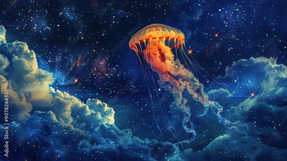 Fototapeta premium A jellyfish depicted in a surreal, dreamlike setting, defying gravity and floating amidst a starry sky