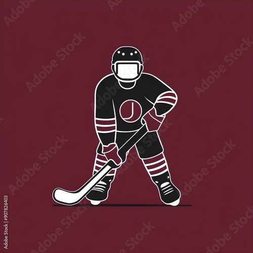 Minimalist 2D Hockey Player Illustration in Black and Maroon, Emphasizing Equipment and Sport Essentials with a Clean Front View 