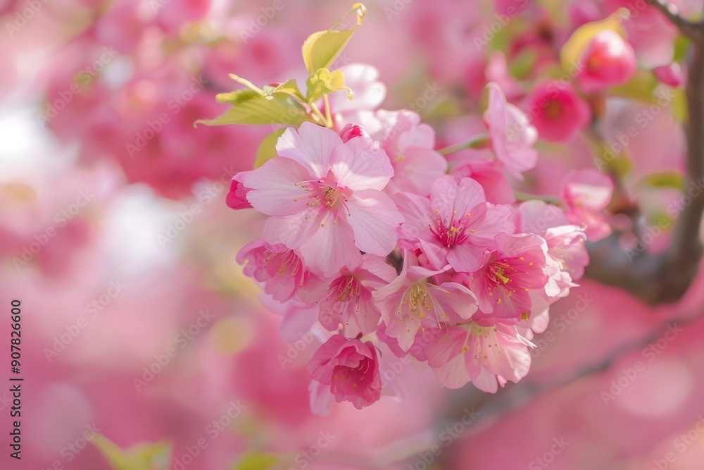 Pink cherry blossom on trees close up view.