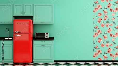 Classic vintage kitchen with retro appliances, checkered floor, and floral wallpaper, [vintage kitchen], [classic wallpaper]