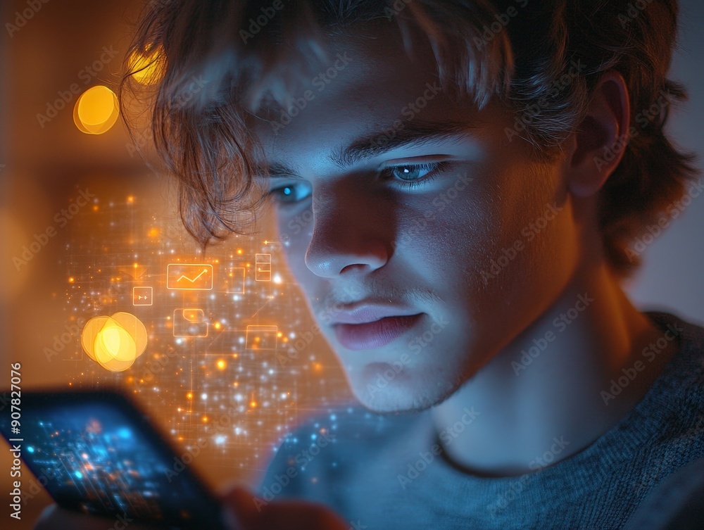 Close-up of Young Man with Smartphone Showing Digital Marketing Icons - Realistic Photography with Subtle Lighting Close-up of Young Man with Smartphone Showing Digital Marketing Icons - Realistic Photography with Subtle Lighting