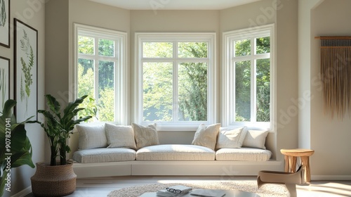 Cozy living room featuring a bay window with abundant natural light, ideal for capturing a warm and welcoming space