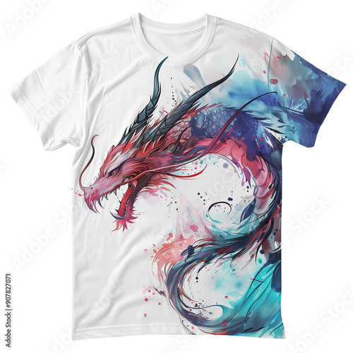 White T-shirt with Dragon Illustration Design - Isolated Transparent PNG