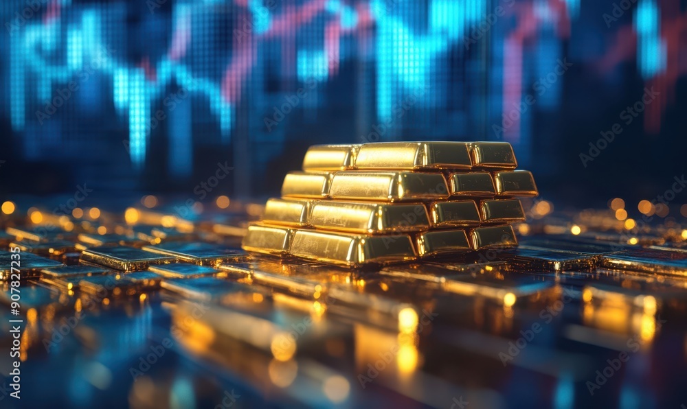 Gold Bars with up trend business graph charts running background, concept of Boom or bull run in Digital Gold market Shares Gold Bars with up trend business graph charts running background, concept of Boom or bull run in Digital Gold market Shares
