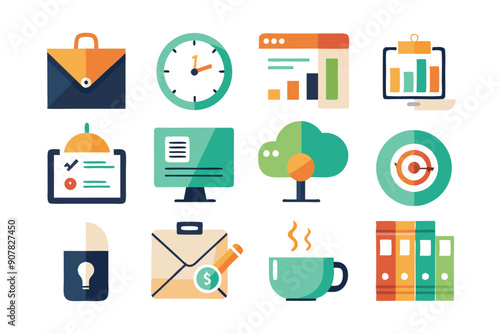 Colorful Flat Icons for Business and Work