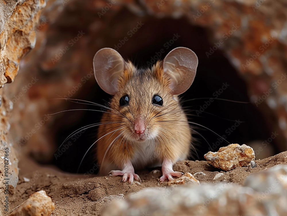 A Small Desert Mouse Emerging From Its Burrow in the Early Morning Light A Small Desert Mouse Emerging From Its Burrow in the Early Morning Light