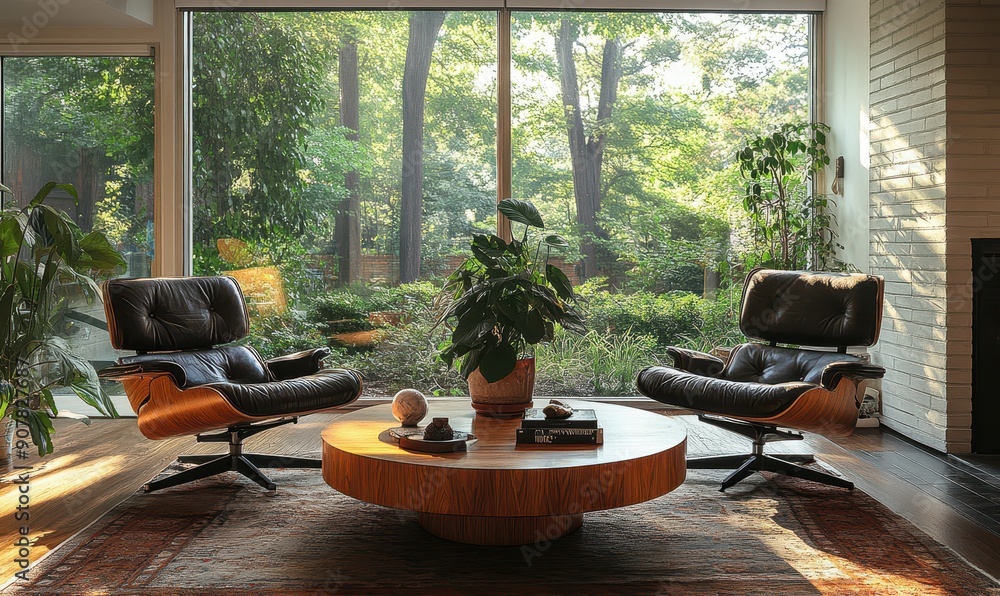 Fototapeta premium Livingroom, two leather chair at wooden round coffee table in Mid