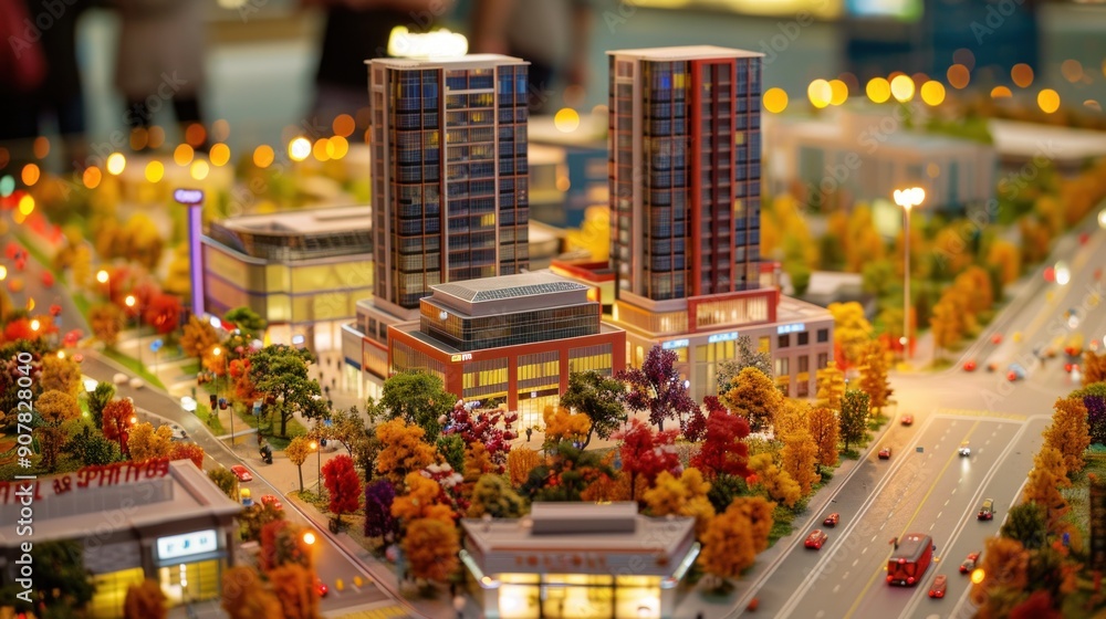 Generate a photo realistic image of a maquette illustrating a commercial center with office towers, retail stores, and entertainment venues; ensure the image is of high resolution for clear Generate a photo realistic image of a maquette illustrating a commercial center with office towers, retail stores, and entertainment venues; ensure the image is of high resolution for clear