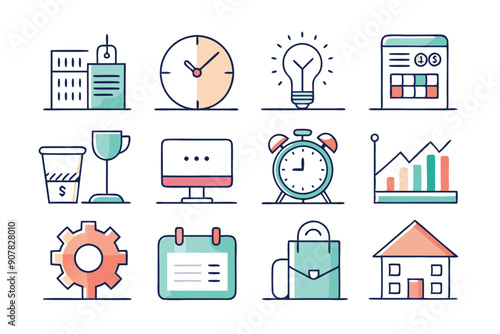 Set of Hand-Drawn Line Icons for Business and Daily Life
