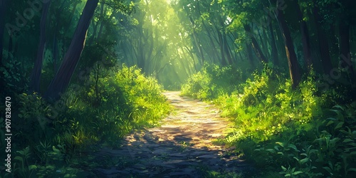 Wallpaper Mural A magical forest path illuminated by enchanting sun rays filtering through the lush green canopy with glowing fireflies. Torontodigital.ca