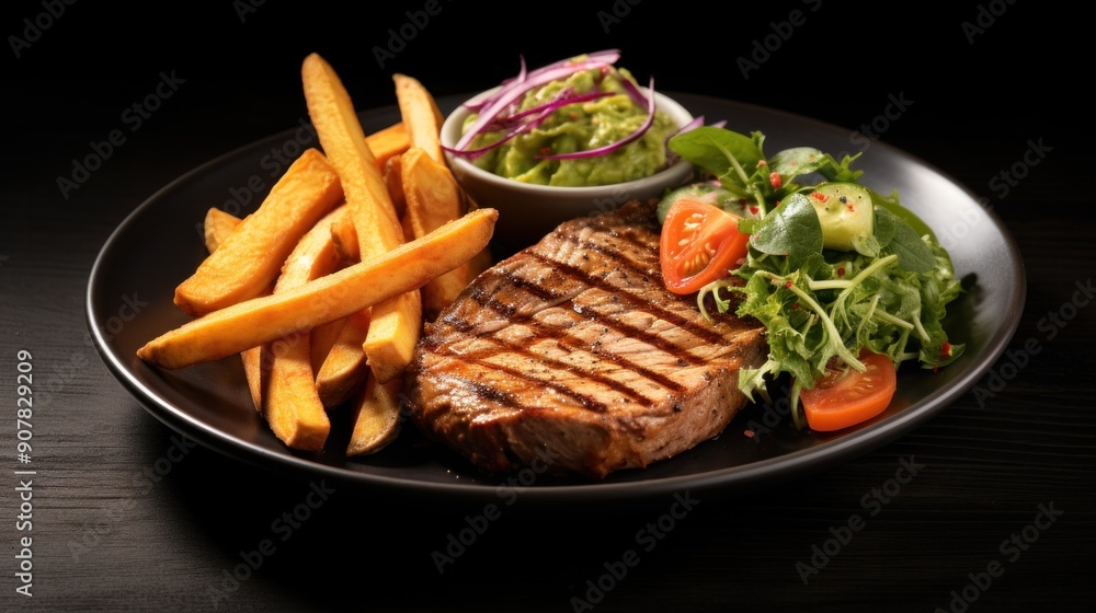 A mouthwatering arrangement of a pork steak, sliced to reveal its tender, rosy interior, accompanied by a refreshing salad of mixed greens, avocado A mouthwatering arrangement of a pork steak, sliced to reveal its tender, rosy interior, accompanied by a refreshing salad of mixed greens, avocado