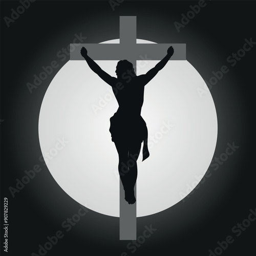 Silhouette of the crucifixion of Jesus. Messiah on the cross. Vector on a dark  background.