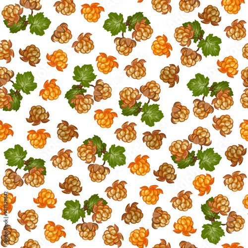 Cloudberry vector seamless pattern.Ripe cloudberry on a transparent background in a color vector pattern.