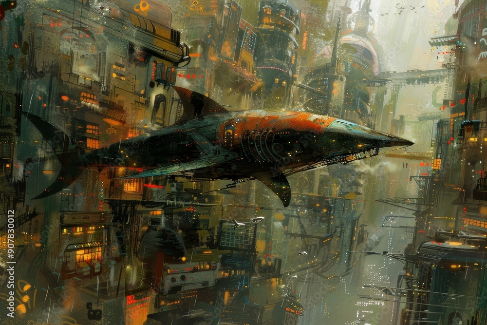Flying Shark Above a Futuristic Cityscape Flying Shark Above a Futuristic Cityscape