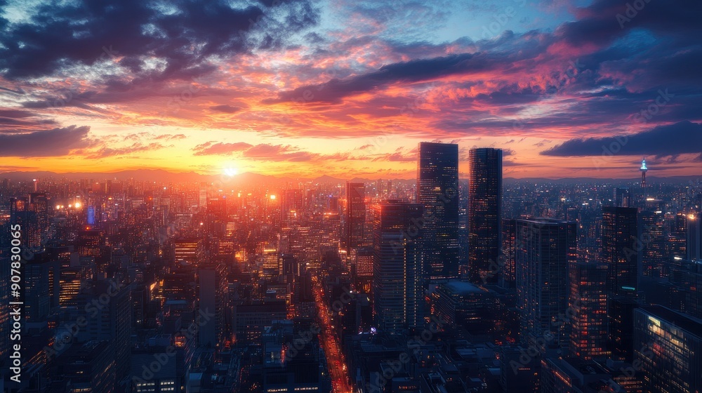 Expansive view of the cityscape at dusk, highlighting the transition from day to night with a beautiful sunset backdrop Expansive view of the cityscape at dusk, highlighting the transition from day to night with a beautiful sunset backdrop