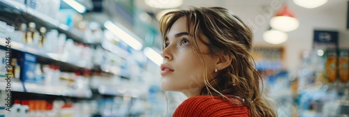 Beautiful young woman shopping at a pharmacy gazing thoughtfully at products on sale fin