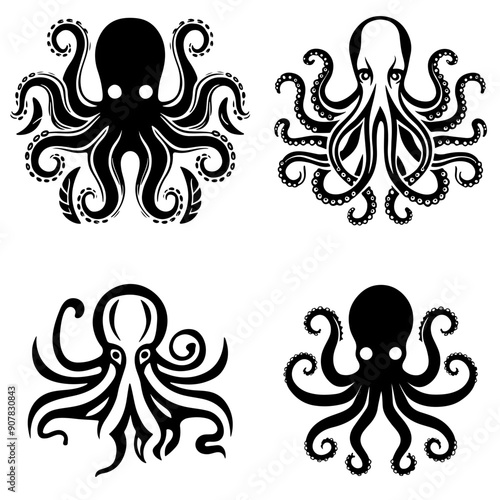 tribal tattoos in the shape of octopus silhouettes. Vector set of monochrome sketches with marine animals photo