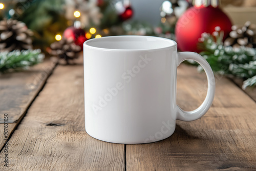 Wallpaper Mural A mockup of an all white blank mug with Christmas decorations in the background. The coffee cup is sitting on top of wood table  Torontodigital.ca