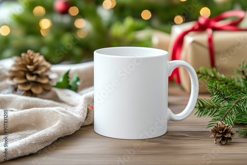 Wallpaper Mural A mockup of an all white blank mug with Christmas decorations in the background. The coffee cup is sitting on top of wood table  Torontodigital.ca
