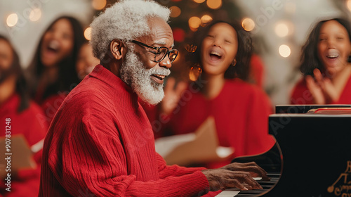 Wallpaper Mural Elderly man playing the piano at a festive bash, surrounded by singing friends and family, Age, Musical merriment  Torontodigital.ca