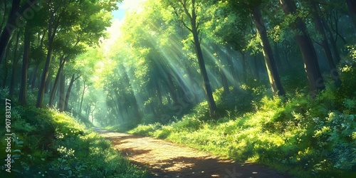 A magical forest path illuminated by enchanting sun rays filtering through the lush green canopy with glowing fireflies.