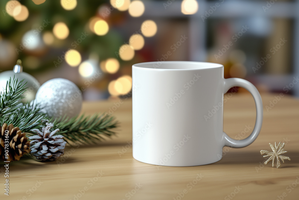A mockup of an all white blank mug with Christmas decorations in the background. The coffee cup is sitting on top of wood table A mockup of an all white blank mug with Christmas decorations in the background. The coffee cup is sitting on top of wood table