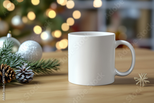 Wallpaper Mural A mockup of an all white blank mug with Christmas decorations in the background. The coffee cup is sitting on top of wood table  Torontodigital.ca